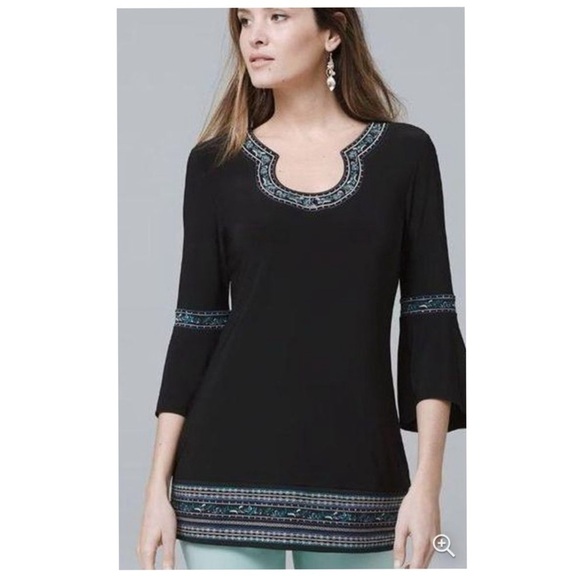 White House Black Market Tops - White House Black Market WHBM Petite‎ Bell Sleeve Matte Jersey Embroidered